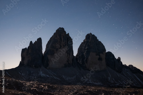 Tre Cime di Lavaredo at night in the Dolomites in Italy, Europe.