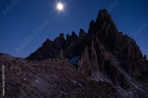 Tre Cime di Lavaredo at night in the Dolomites in Italy, Europe.
