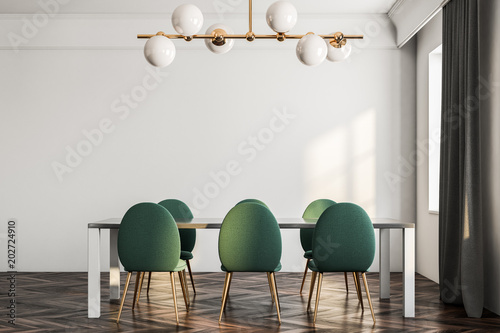 Obraz na plátně Minimalistic dining room interior, green chairs