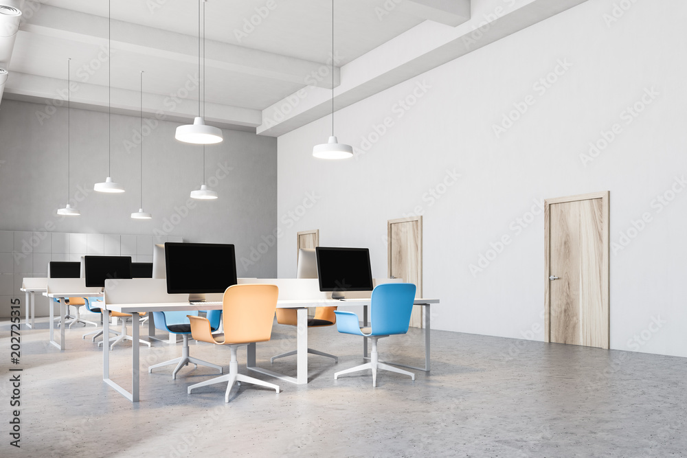 Fototapeta premium Interior of orange and blue chairs office