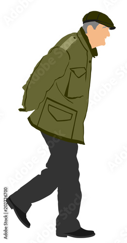 Old man person walking. Vector character isolated on white background. Senior mature health care. Old people active life. Grandpa vector. War veteran memories. The pensioner spends his time outdoor.