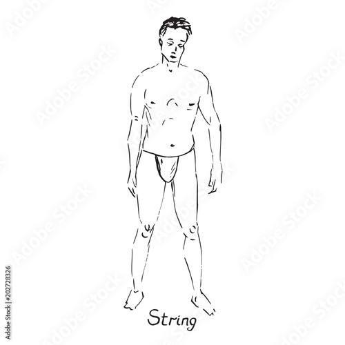 Portrait of sexy guy in strings type of swimsuit with inscription, hand drawn outline doodle, sketch in pop art style, black and white vector illustration