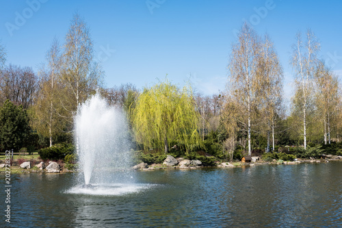 The fountain on the lake in the park.
