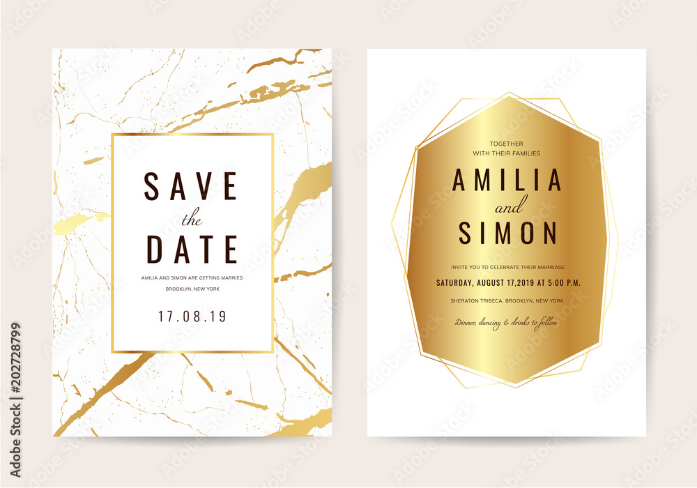Luxury wedding invitation cards with marble and gold texture vector Luxury wedding invitation cards with marble and gold texture vector
