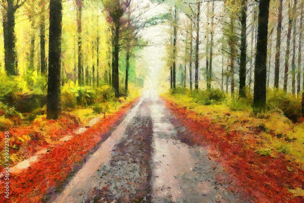 Obraz prosta droga znikająca w oddali przez las