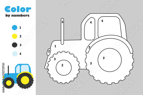 Tractor in cartoon style, color by number, education paper game for the development of children, coloring page, kids preschool activity, printable worksheet, vector illustration
