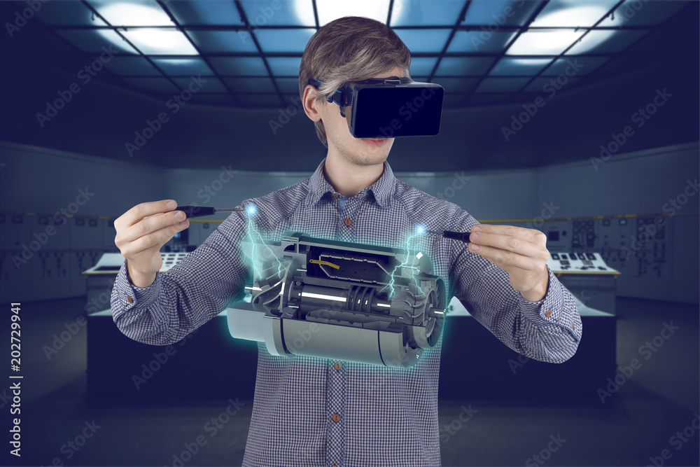 Virtual reality in engineering concept. Male / man engineer wearing shirt  and vr glasses fixing holographic engine for mechanic industry with  screwdrives on futuristic background with control panels. Stock Photo |  Adobe Stock