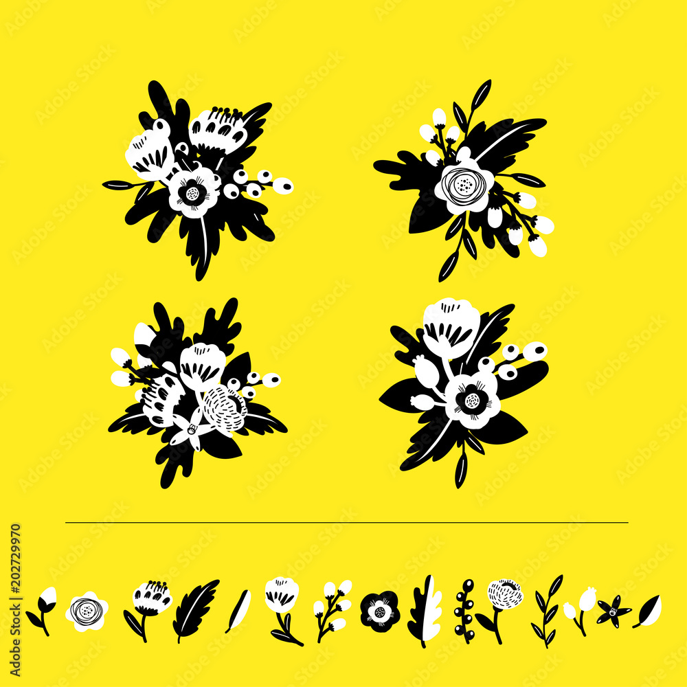 Obraz premium Vector doodle set of black and white bouquets. Isolated flowers, leaves and blossoms on yellow background.