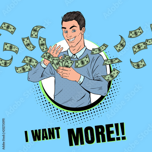 Pop Art Rich Man Throwing Dollar Banknotes. Successful Businessman with Money. Vector illustration