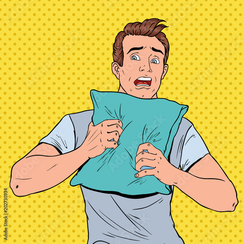 Pop Art Shoked Man Hiding on the Pillow. Screaming Nervous Guy. Vector illustration