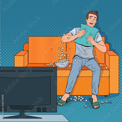Pop Art Man Watching a Horror Movie at Home. Terrified Guy Watch Film on the Couch with Popcorn. Vector illustration