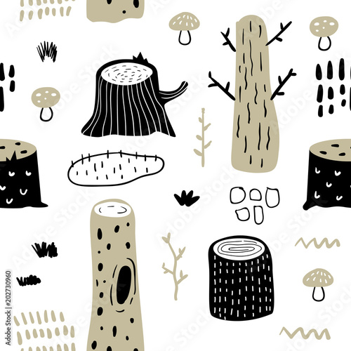 Hand Drawn Seamless Pattern with Forest Trees. Creative Childish Background with Cute Stumps for Fabric, Textile, Wallpaper, Decoration, Prints. Vector illustration