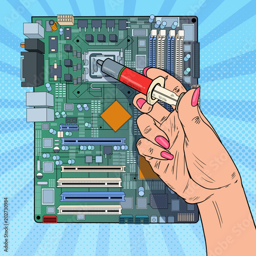 Pop Art Female Hand of Computer Engineer Repairing CPU on Motherboard. Maintenance PC Hardware Upgrade. Vector illustration