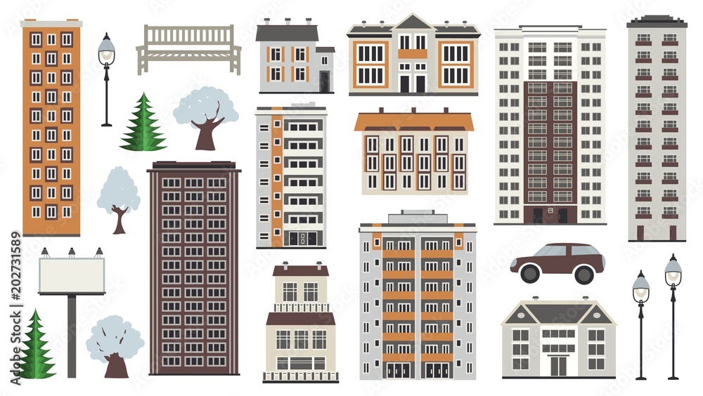 Various city elements in winter time - multistorey houses and municipal buildings, trees in snow, public park and transport isolated on white background. Flat vector illustration. Various city elements in winter time - multistorey houses and municipal buildings, trees in snow, public park and transport isolated on white background. Flat vector illustration.
