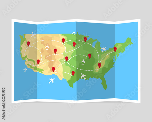 Folded travel map United States of America with airplanes and point markers. Vector illustration in flat style. EPS10.