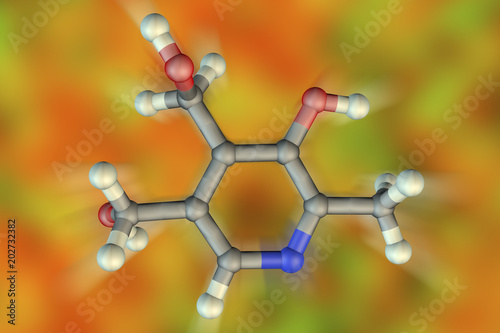 Molecular model of vitamin B6, pyridoxine, 3D illustration. It plays role in synthesis of amino acids, neurotransmitters such as serotonin and norepinephrine, aminolevulinic acid, sphingolipids photo