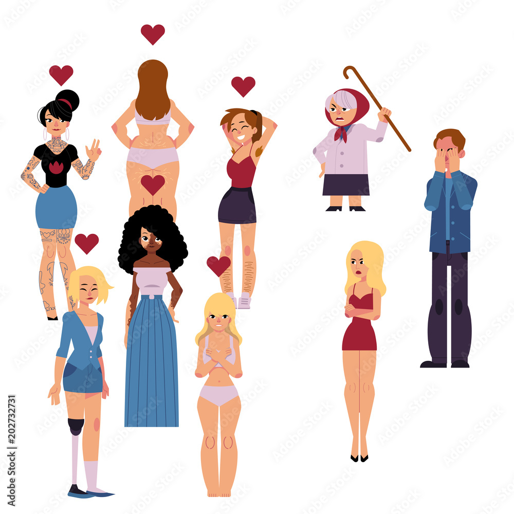 Vettoriale Stock Body positive concept set with cartoon characters of women  with different features of appearance and people who are disgusted by their  individuality isolated on white background. Vector illustration. | Adobe