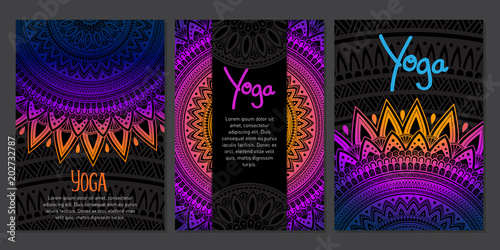 Oriental ethnic Mandala ornament banner set. Templates with doodle tribal mandalas. Vector illustration for cards, invitation, banners and print. 