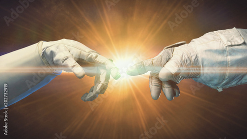astronaut hands with golden light, spacesuit gloves