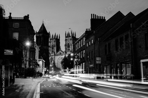 Sundown of central York, UK, with York Minster cathedral on the back. Black and white