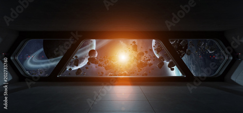 Fototapeta Naklejka Na Ścianę i Meble -  Spaceship futuristic interior with view on exoplanet