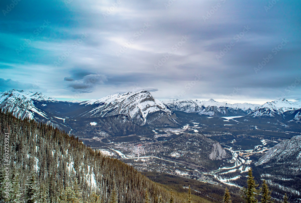 Sulphur Mountain in Banff National Park in the Canadian Rocky Mountains overlooking the town of Banff.