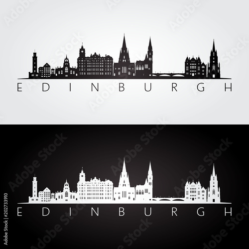 Edinburgh skyline and landmarks silhouette, black and white design, vector illustration.