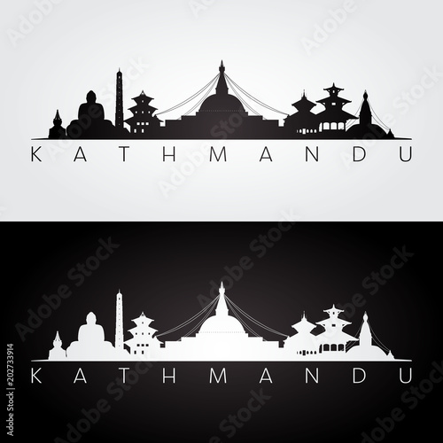 Kathmandu skyline and landmarks silhouette, black and white design, vector illustration.