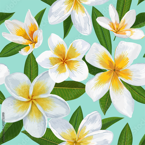 Tropical Seamless Pattern with Plumeria Flowers. Floral Background with Palm Leaves for Wallpaper  Fabric  Wrapping  Decoration. Vector illustration