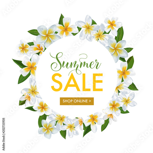 Summer Sale Floral Banner. Seasonal Discount Advertising with Plumeria Flowers. Tropical Paradise Spring Promotional Design for Poster, Flyer. Vector illustration