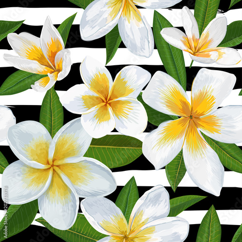 Tropical Seamless Pattern with Plumeria Flowers. Floral Background with Palm Leaves for Wallpaper, Fabric, Wrapping, Decoration. Vector illustration