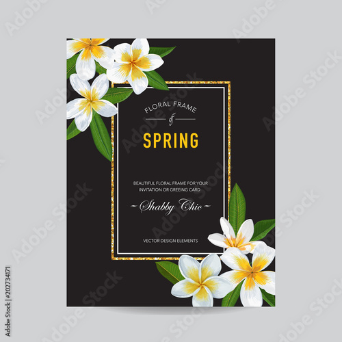 Wedding Invitation Template with Plumeria Flowers. Tropical Floral Save the Date Card. Exotic Flower Romantic Design for Greeting Postcard, Birthday, Anniversary. Vector illustration