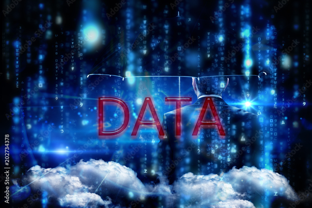 Φωτογραφία The word data and mature businessman holding an umbrella against lines of blue b