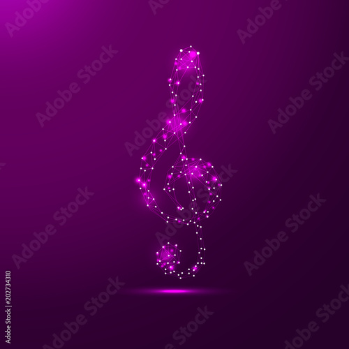 Treble clef connecting dots and lines. Thin line concept. purple glow color background vector icon illustration photo