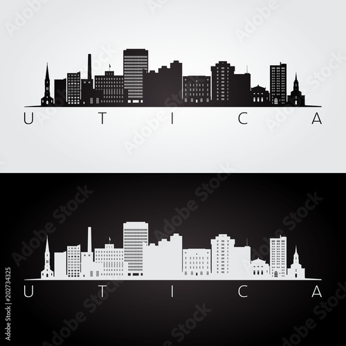 Utica USA skyline and landmarks silhouette, black and white design, vector illustration.