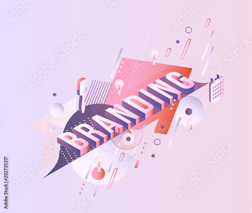 Trendy branding poster, banner background template vibrant gradient purple red violet color abstract geometric shapes, light bulbs, paint brush, calendar. Vector modern advertising layout