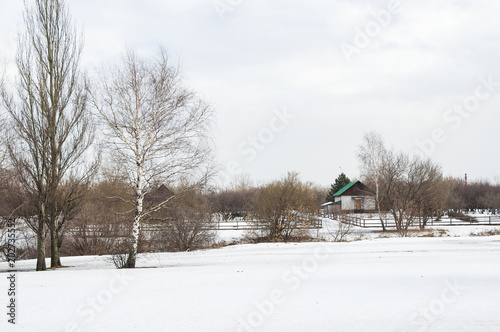 March rustic landscape with bare trees and cottage in Kolomenskoye park, Moscow, Russia © akuptsova