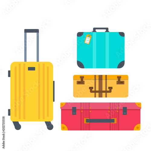 Different types of baggage, luggage, suitcase isolated on white