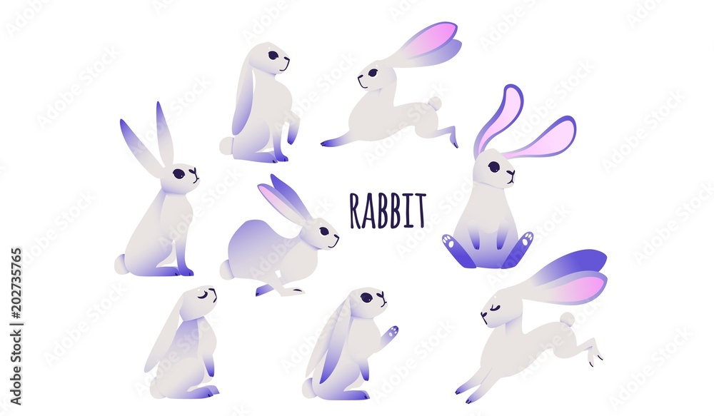 Naklejka premium Cartoon rabbit with ultraviolet ears and legs with different face emotions and poses set isolated on white background. Vector illustration of cute furry bunny character.