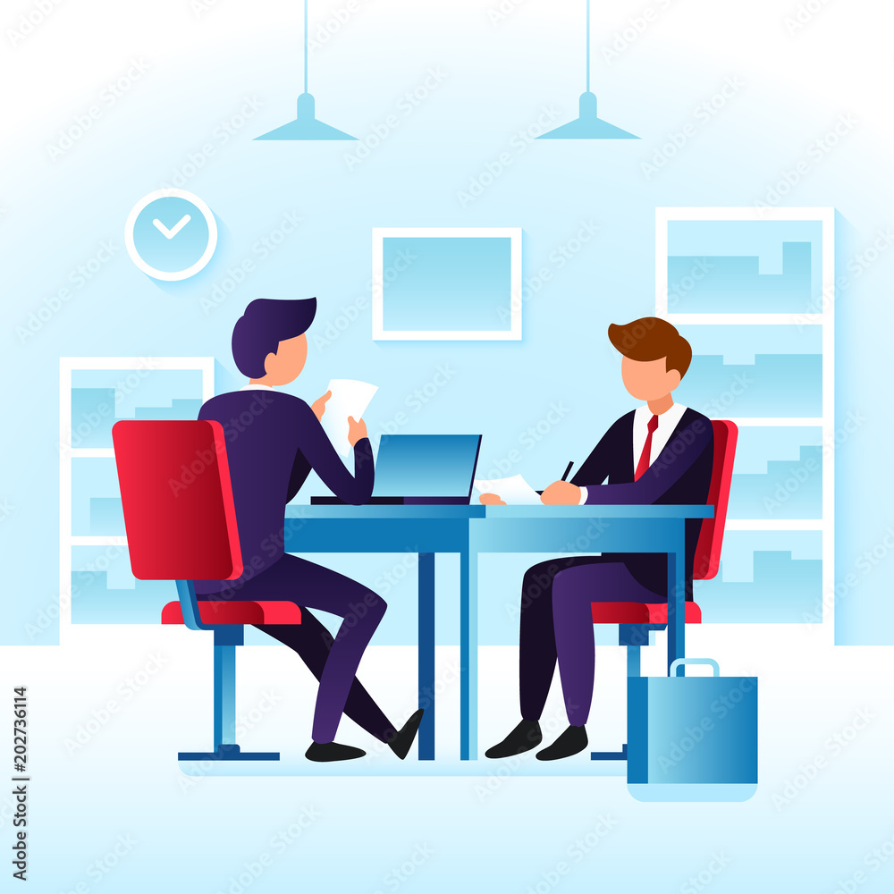 Contender work employees and job interview. Cartoon man employee and  interviewer boss meeting at desk in ceo office vector concept Stock Vector  | Adobe Stock