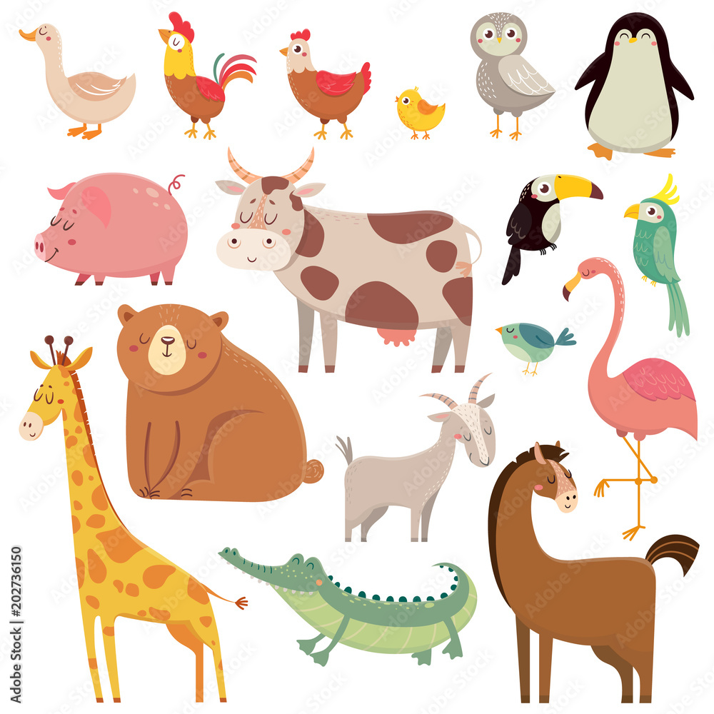 Baby cartoons wild bear, giraffe, crocodile, bird and domestic animals.  Cute cartoon animal kids vector illustration set Stock Vector | Adobe Stock