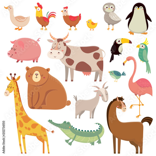 Baby cartoons wild bear, giraffe, crocodile, bird and domestic animals. Cute cartoon animal kids vector illustration set