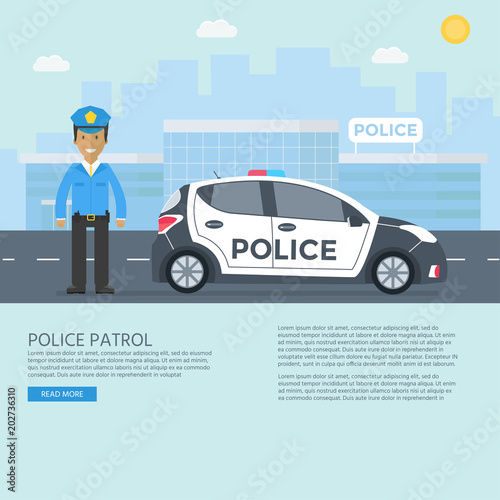 Police patrol on a road with police car, officer, modern building