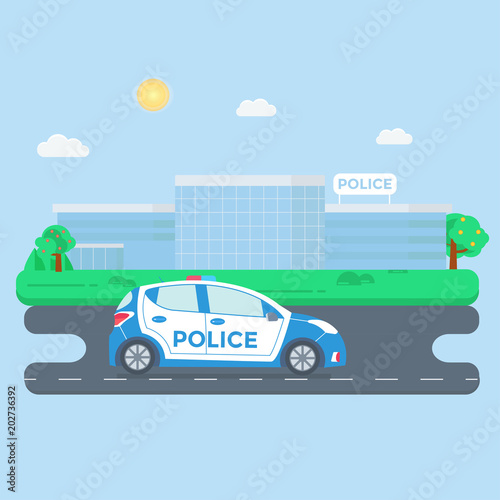 Fototapeta Naklejka Na Ścianę i Meble -  Police patrol on a road with police car, officer, modern building