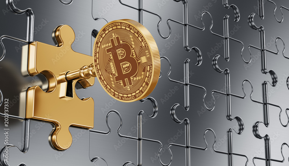 Bitcoin key and the wall of puzzles. 3d render illustration. Stock Illustration Adobe Stock