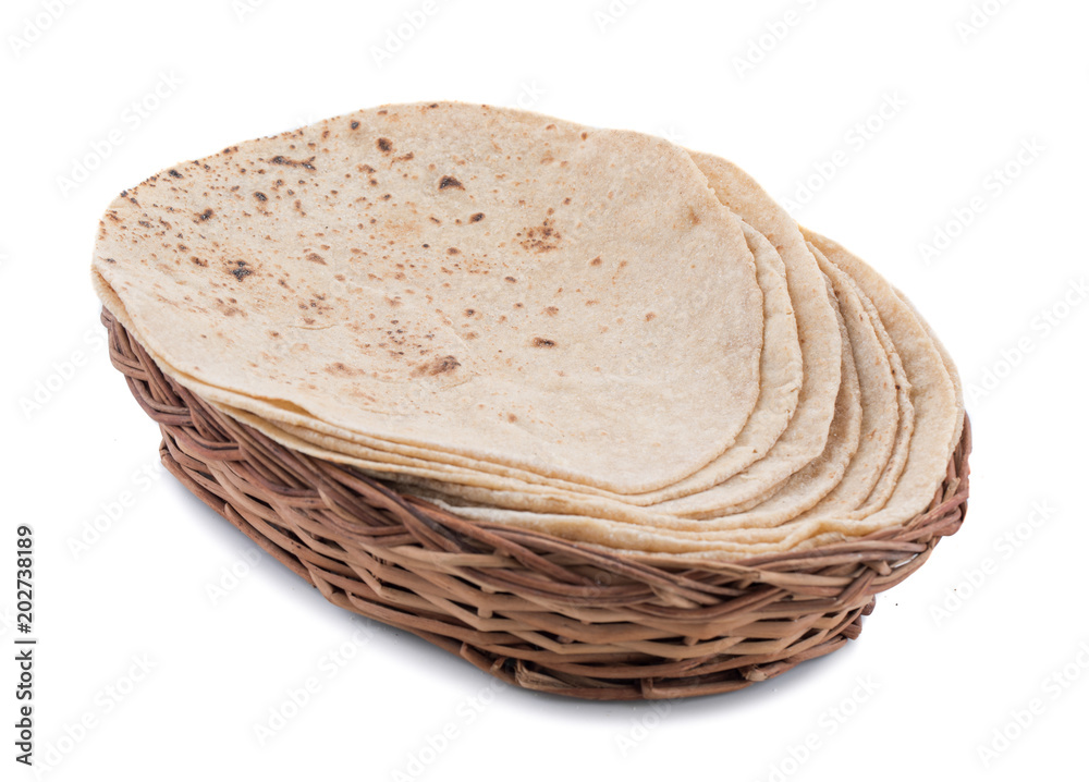 Indian Traditional Cuisine Chapati Also Know as Roti, Fulka, Paratha, Indian Bread, Flatbread, Whole Wheat Flat Bread, Chapathi, Wheaten Flat Bread, Chapatti, Chappathi or Kulcha on White Background