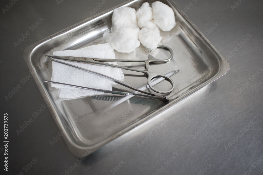 Gauze, Orthopedic Bandage,Cotton Swab, Tissue Forceps and Scissors on the  Medical Stainless Steel Tray for Wound Dressing on the medical table Stock  Photo | Adobe Stock