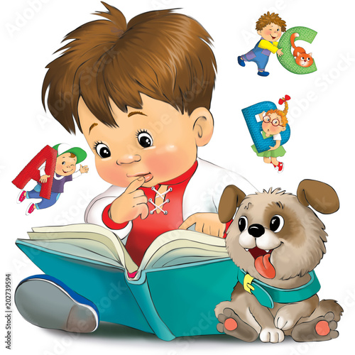 boy  looks in a book