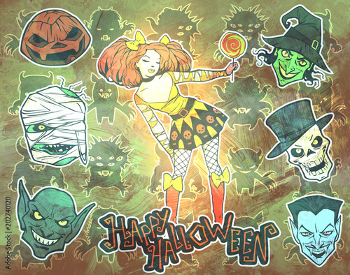 Cartoon halloween illustration set of diverse evil bizarre creatures, evil mascots and a beautiful gothic female character wearing eccentric outfit