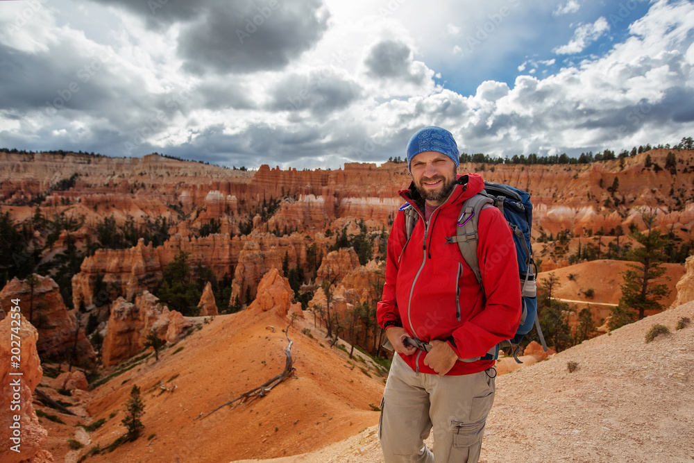 Hiker visits Bryce canyon National park in Utah, USA